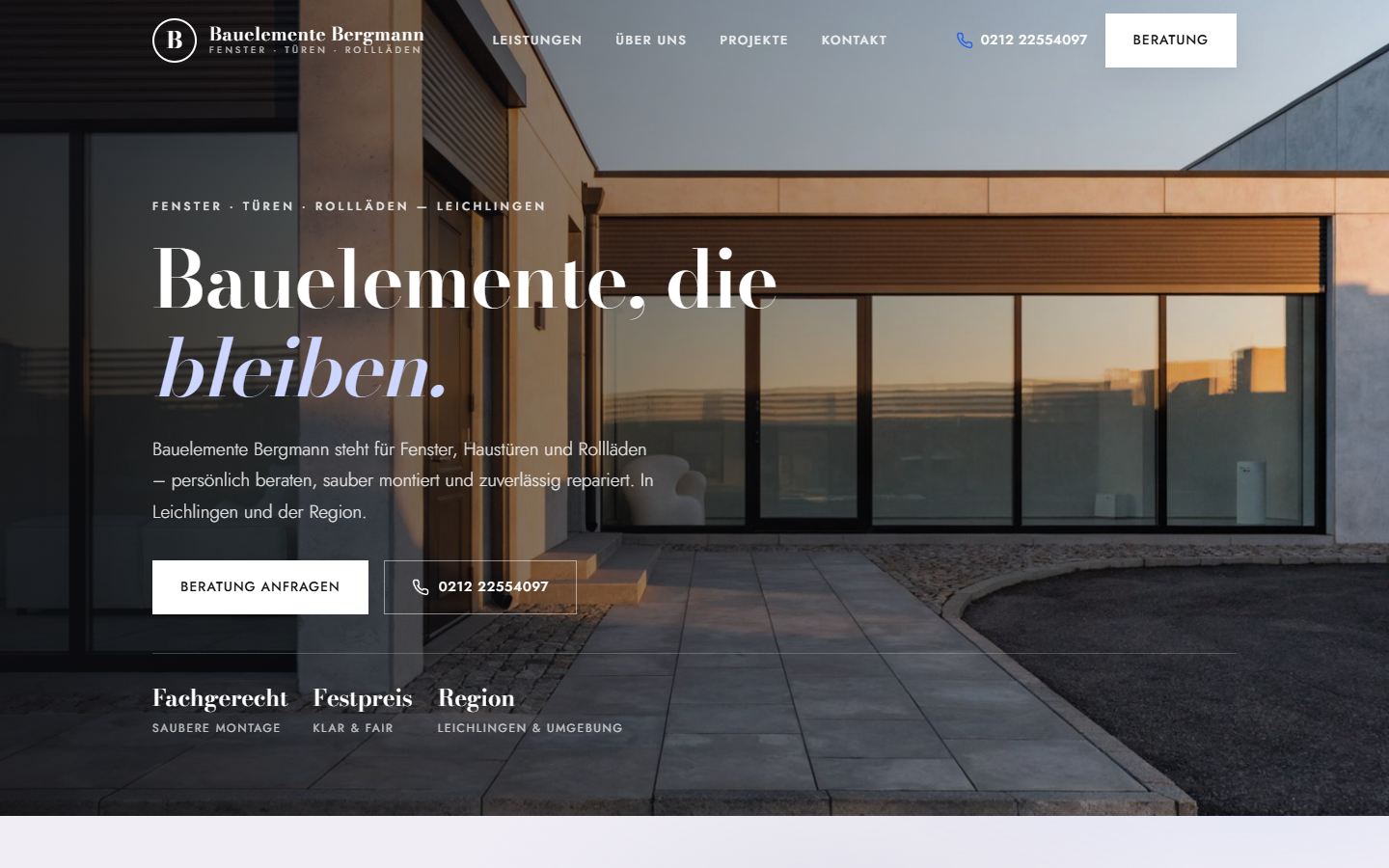 Neue Website von Bauelemente Bergmann mit klarer Leistungsübersicht und Kontaktmöglichkeit