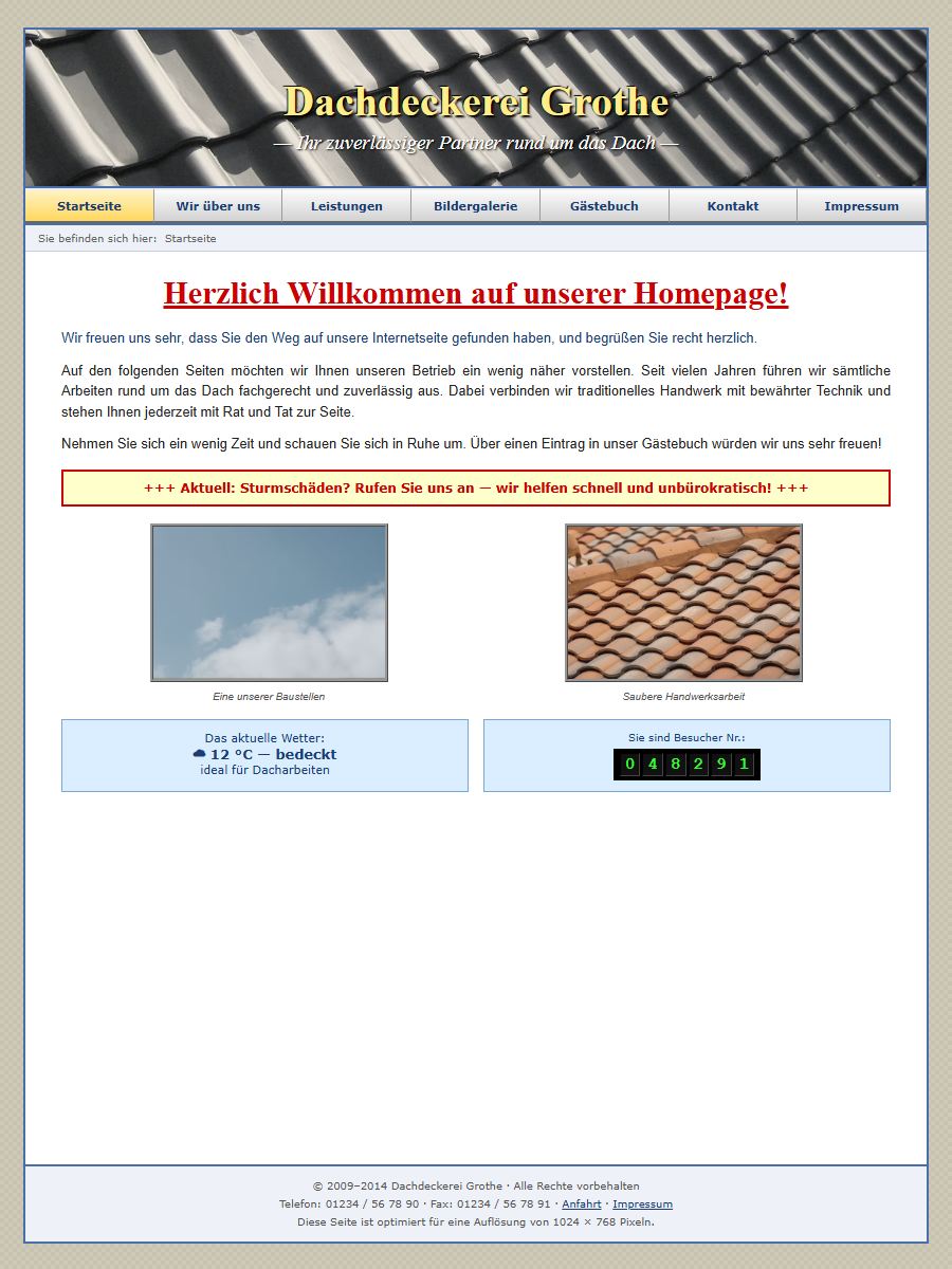 Konzeptbeispiel: typische veraltete Website einer erfundenen Dachdeckerei mit Besucherzähler und Textwüste