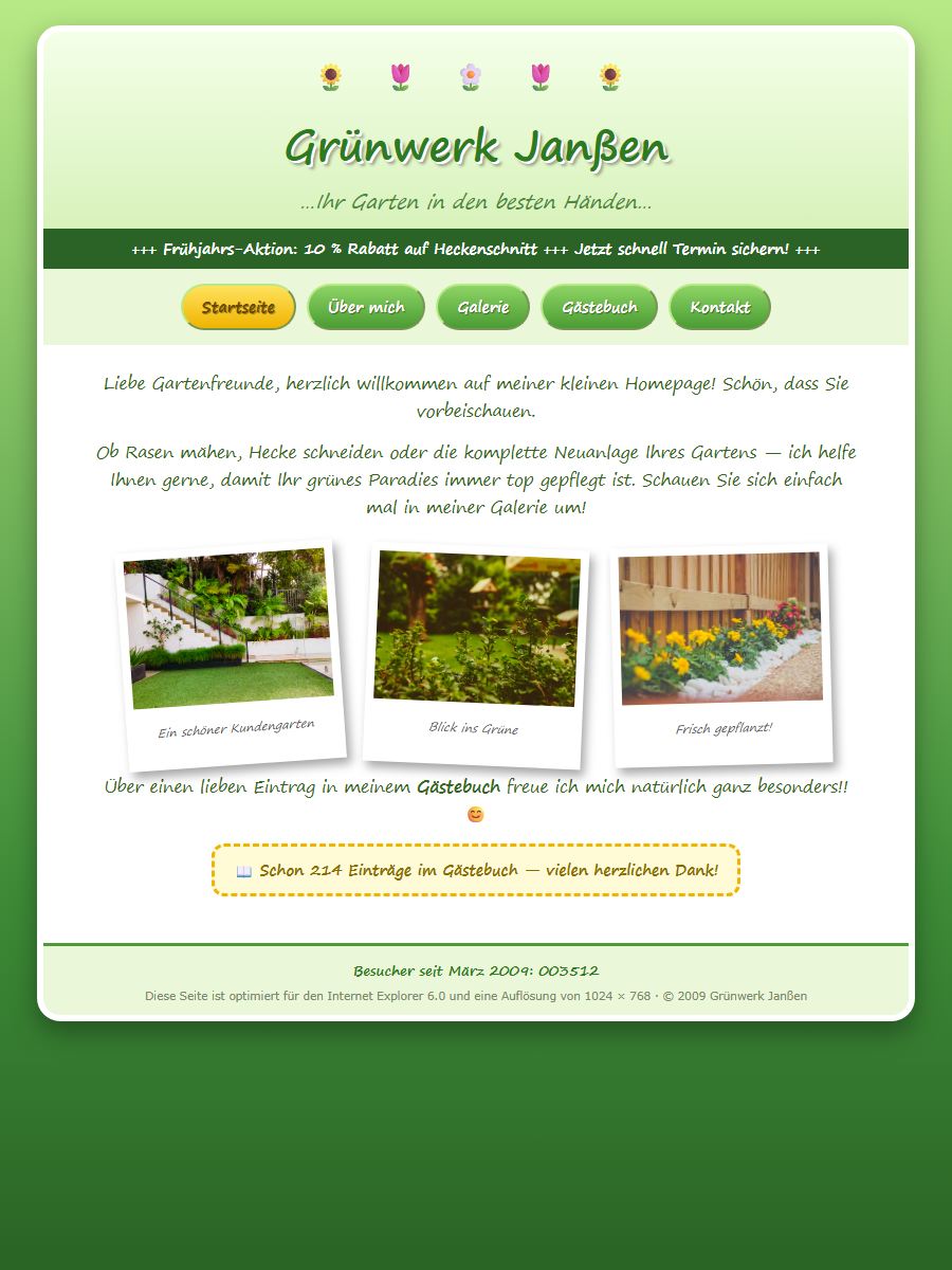 Konzeptbeispiel: veraltete Website eines erfundenen Gartenbau-Betriebs mit Farbverlauf und schiefen Polaroid-Fotos