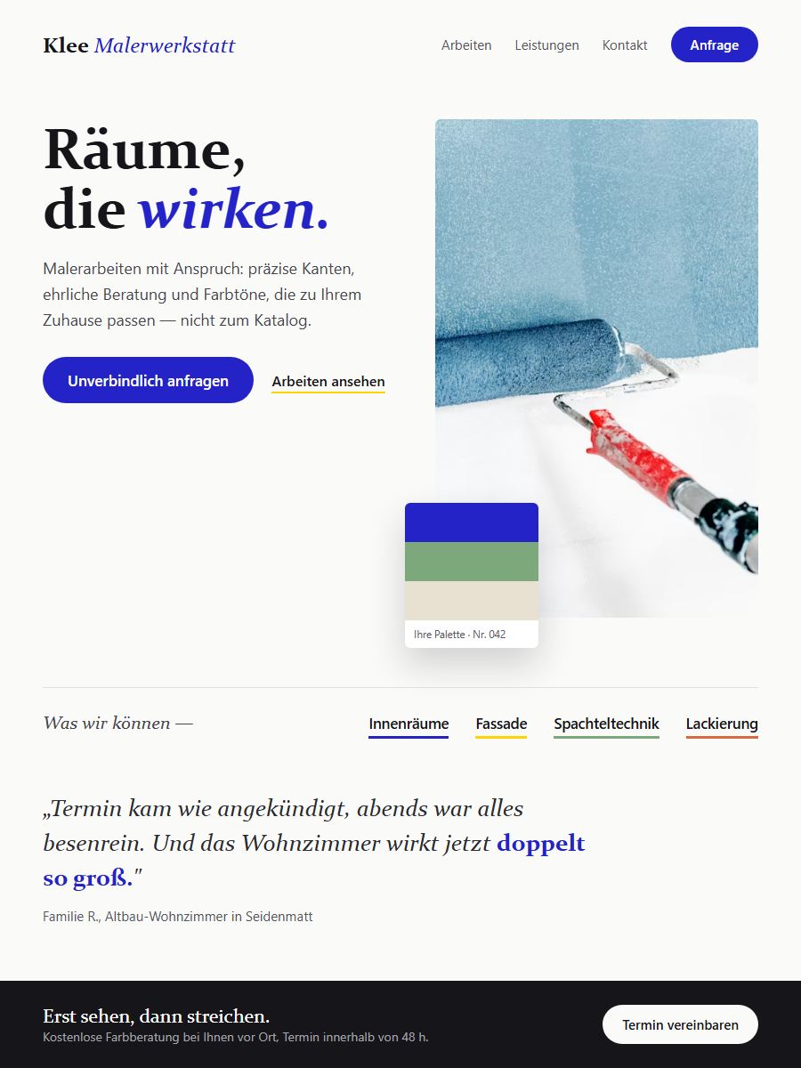 Konzeptbeispiel: moderner Neuentwurf für denselben erfundenen Malerbetrieb mit Farbpalette und klarem Angebot