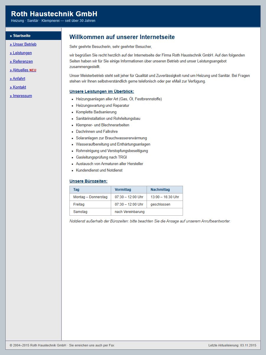 Konzeptbeispiel: veraltete Website eines erfundenen Heizung-und-Sanitär-Betriebs mit endloser Leistungsliste
